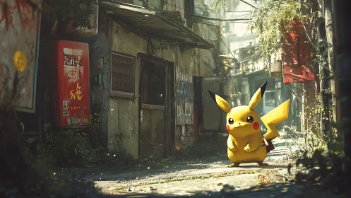 Pikachu explores a sunlit overgrown alleyway in quiet decay