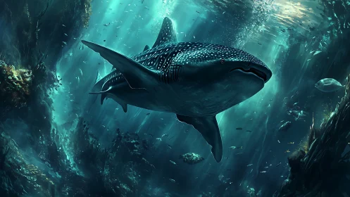 Whale shark glides through teal-lit abyssal seascape.