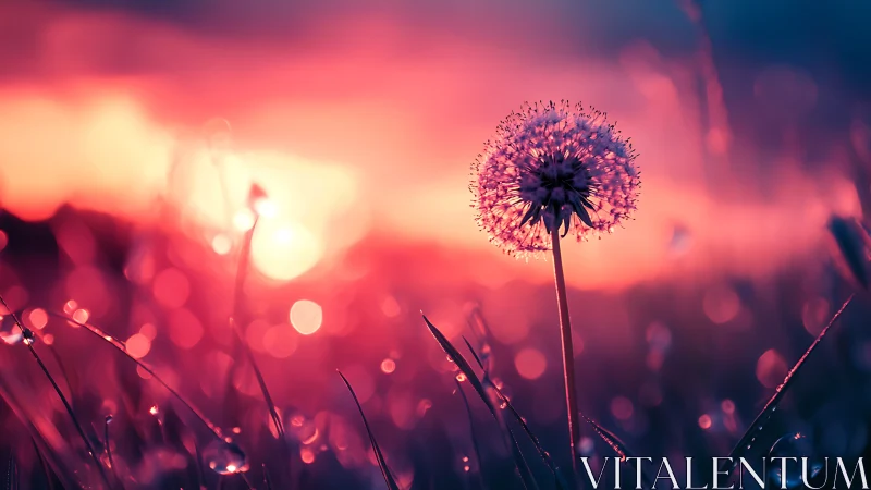 Dandelion seed head glows against vivid sunset bokeh field