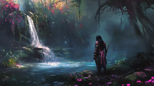 Figure observes waterfall pool in dense, misted forest