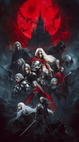 Vampiric knights in layered composition under blood-red eclipse