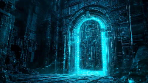 Luminous arcane gateway hums in a forgotten digital crypt.