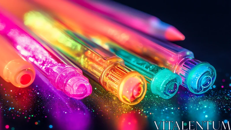 Fluorescent glitter gel pens aligned on neon bokeh surface.