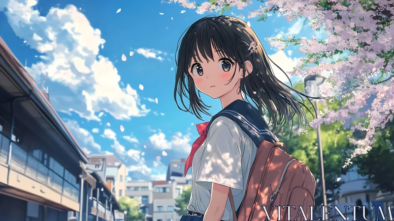 Schoolgirl under cherry blossoms on clear spring street.