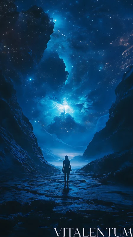 Silhouetted figure observes a luminous cosmic rift in blue