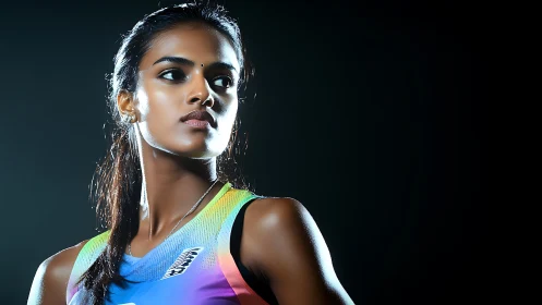 Studio portrait of focused female athlete in vivid gradient kit.