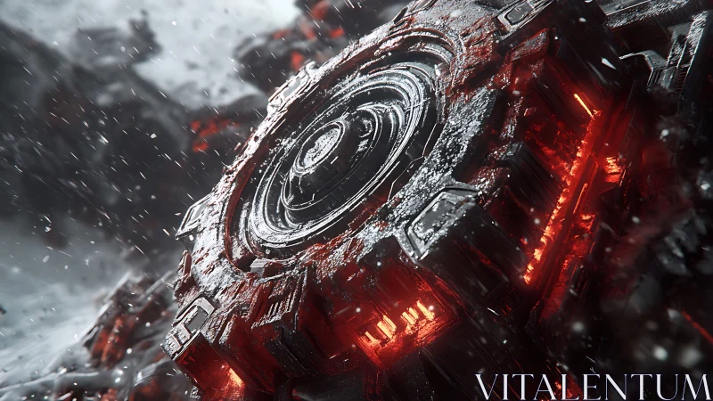 Molten mechanical gear core rotates amid falling snow