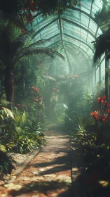 Glasshouse walkway with dense tropical foliage under mist.