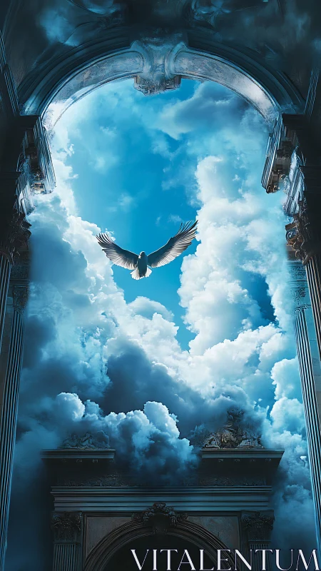 Soaring dove framed by baroque archway and radiant clouds.