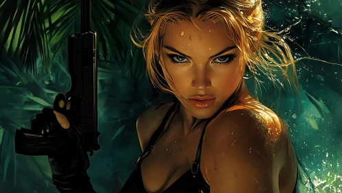 Fearless jungle heroine stands ready in the shimmering night