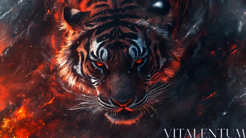 Tiger head emerging through dark smoke and orange embers.