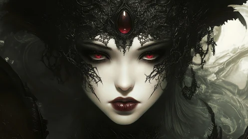 Dark queen&rsquo;s burning gaze pierces swirling shadowed mist.