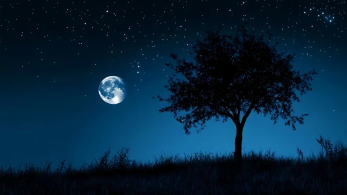 Silhouetted tree against high-contrast moon under dense starfield
