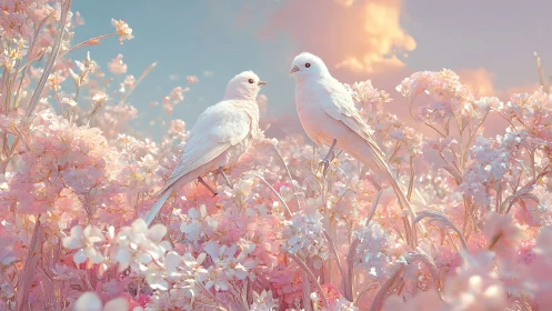 White songbirds rest in dreamy pastel flower meadow