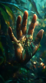 Human hand rises from dense forest floor with fresh foliage