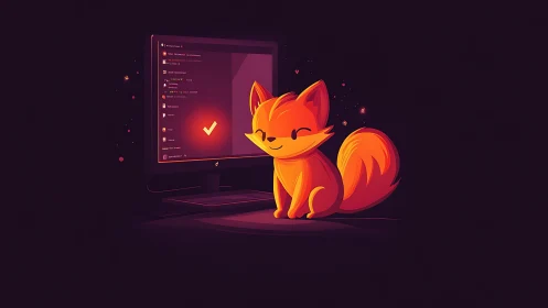 Glowing fox mascot guarding a cozy midnight chat screen.