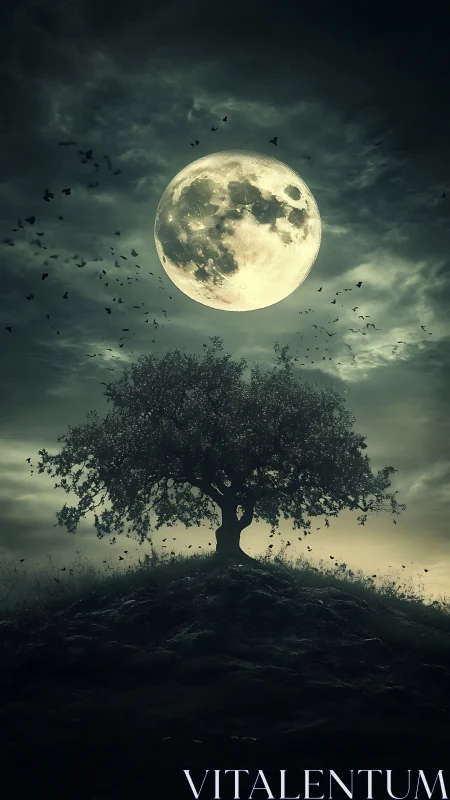 Lone hilltop tree under huge full moon at night.