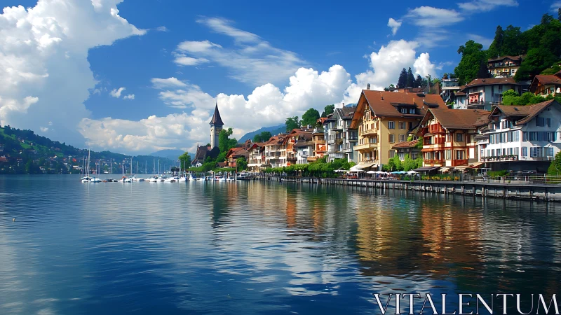 Lakeside town with boats, colorful houses, and church tower