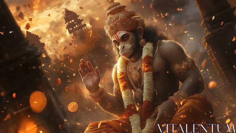 Serene monkey deity resting amid glowing temple embers.