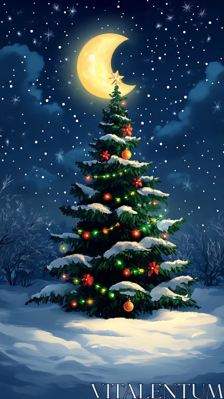 Moonlit Christmas tree crowned by glowing crescent magic.