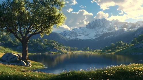 Sunlit alpine lake reflects snow peaks in tranquil valley