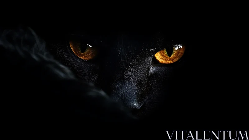 Low-key closeup isolates black cat eyes with high contrast lighting