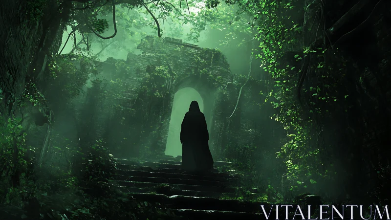 Hooded wanderer before overgrown mystical stone gate.