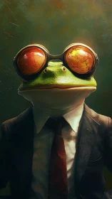 Anthropomorphic frog in suit with reflective goggles stands upright