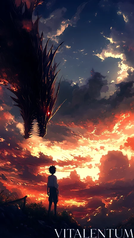Silhouetted boy faces colossal dragon against burning sky