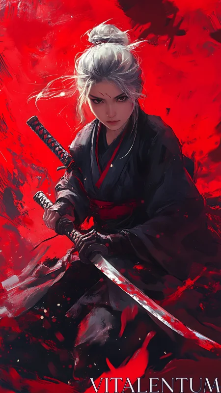 Silver‑haired samurai readies bloodstained blade in crimson storm