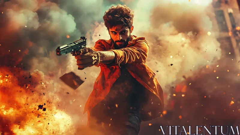 Explosive action hero framed in cinematic firestorm.