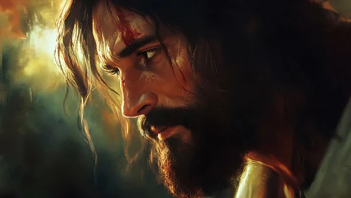 Wounded bearded man in golden dramatic side light.