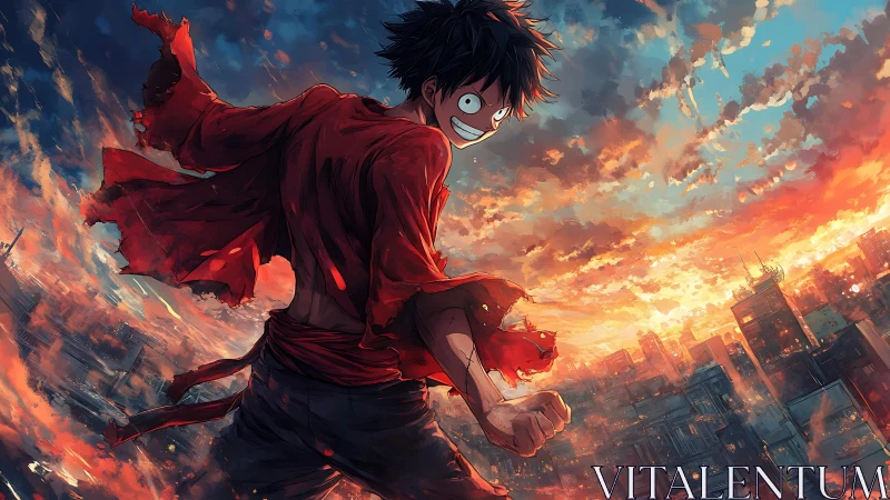 Red-clad anime fighter over burning sunset cityscape.