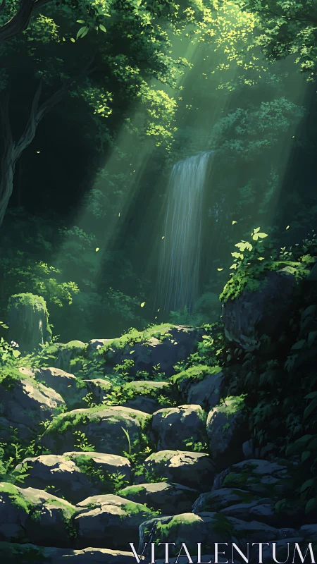 Enchanted Forest Waterfall Illuminated by Ethereal Light.