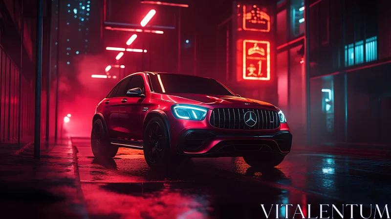 Red Mercedes SUV in wet neon-lit urban alley at night.