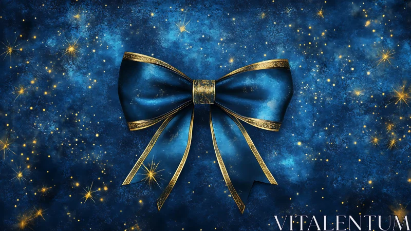 Blue satin bow with gold trim on starry textured backdrop