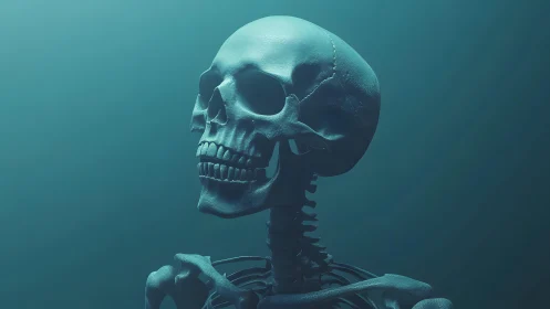 Realistic human skeleton in moody blue lighting, digital art style.
