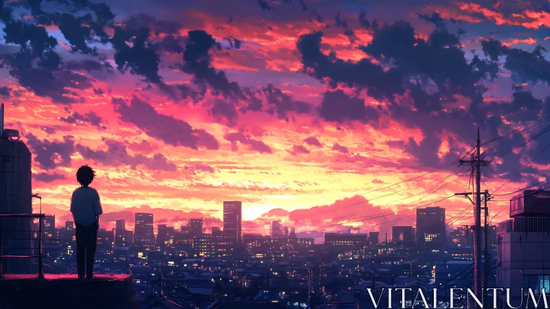 Backlit rooftop figure observing high-contrast urban sunset sky