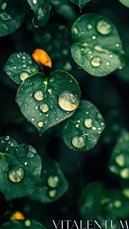 Raindrops rest on dark emerald leaves in moody focus.