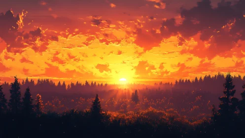 Glowing forest sunrise washing the treetops in gentle gold.