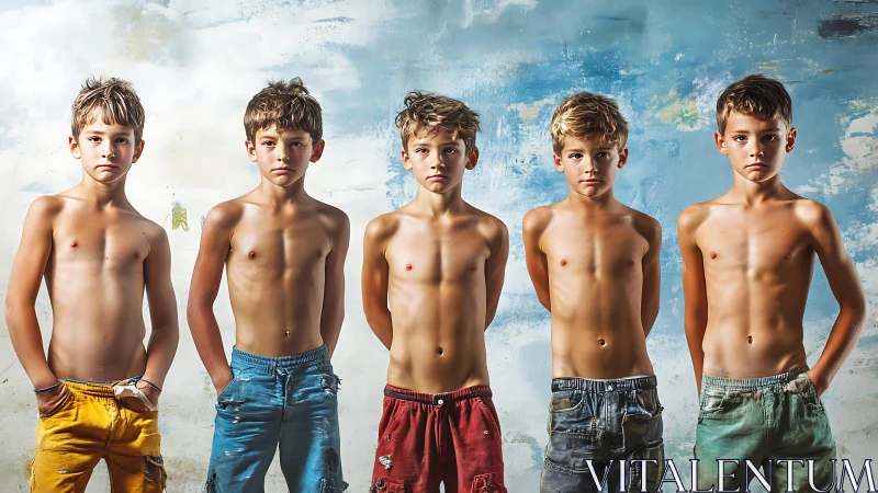 Five sun-kissed boys strike confident poses against weathered sky.