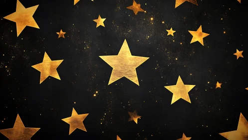 Gold stars scatter across deep black textured night sky.