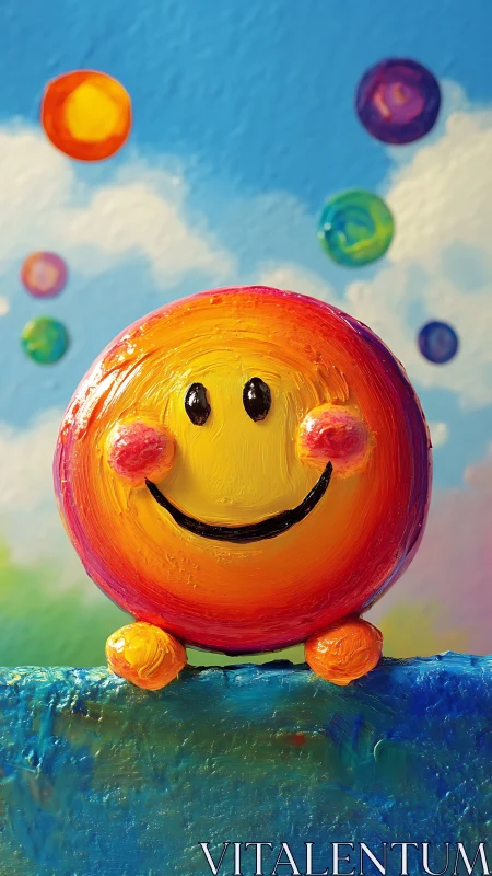Cheerful painted smiley under a bright, playful sky.