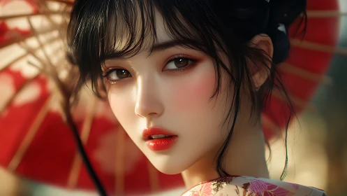 Digital portrait shows stylized woman with red parasol