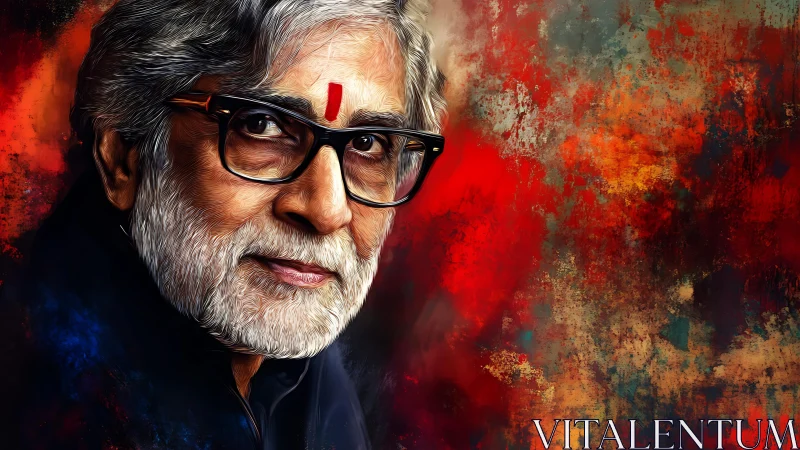 Textured digital portrait of elderly man against abstract red field