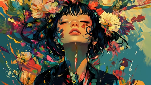 Female portrait with floral abstraction and vivid pigments.