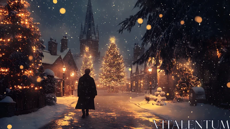 Snowy village street with lit Christmas tree at night.