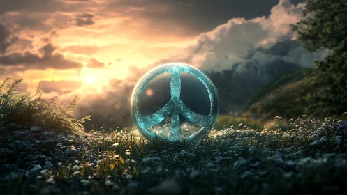Glass peace symbol sphere rests on meadow at sunset
