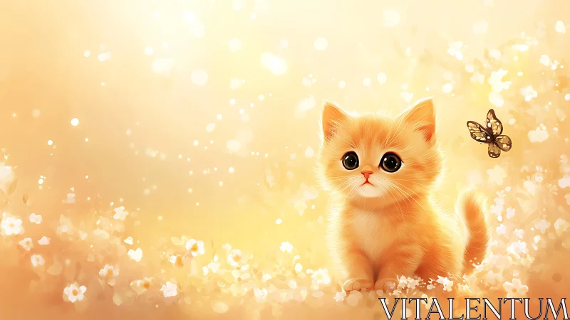 Fluffy Orange Kitten with Soft Focus Bokeh and Butterfly Companion