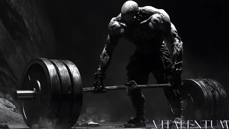 Shadow titan deadlifts iron in a stormy dreamscape gym.